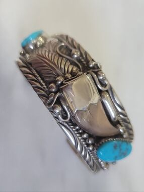 Sterling Silver,Natural Turquoise, Rare Bearclaw "TedJoe" Navajo Cuff Bracelet